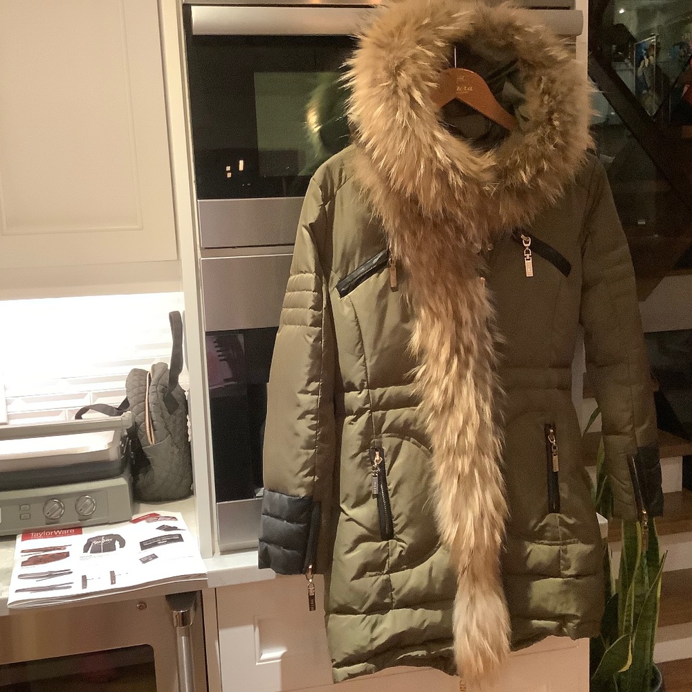 RELISH Women parka JACKET COAT S/XS REAL FINN RACOON,REAL LEATHER  TRIM